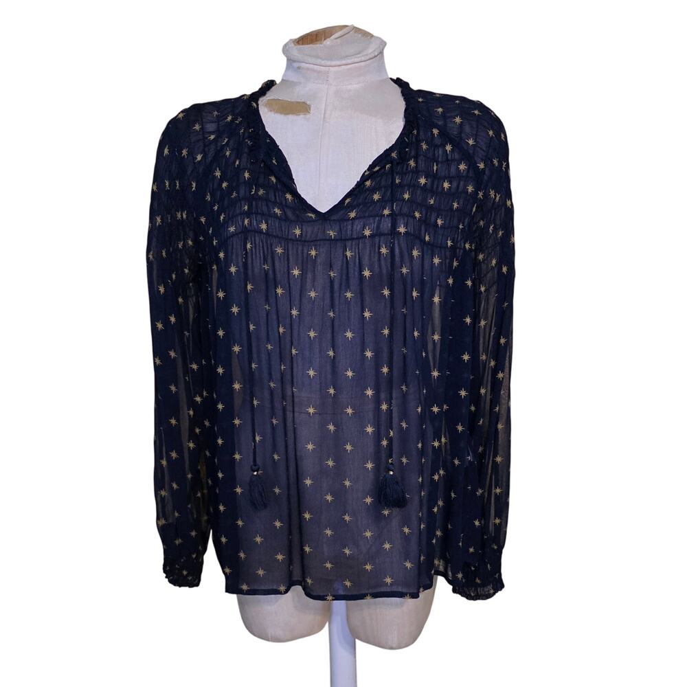 Lucky Brand Starry sheer peasant blouse navy blue long-sleeved Size S